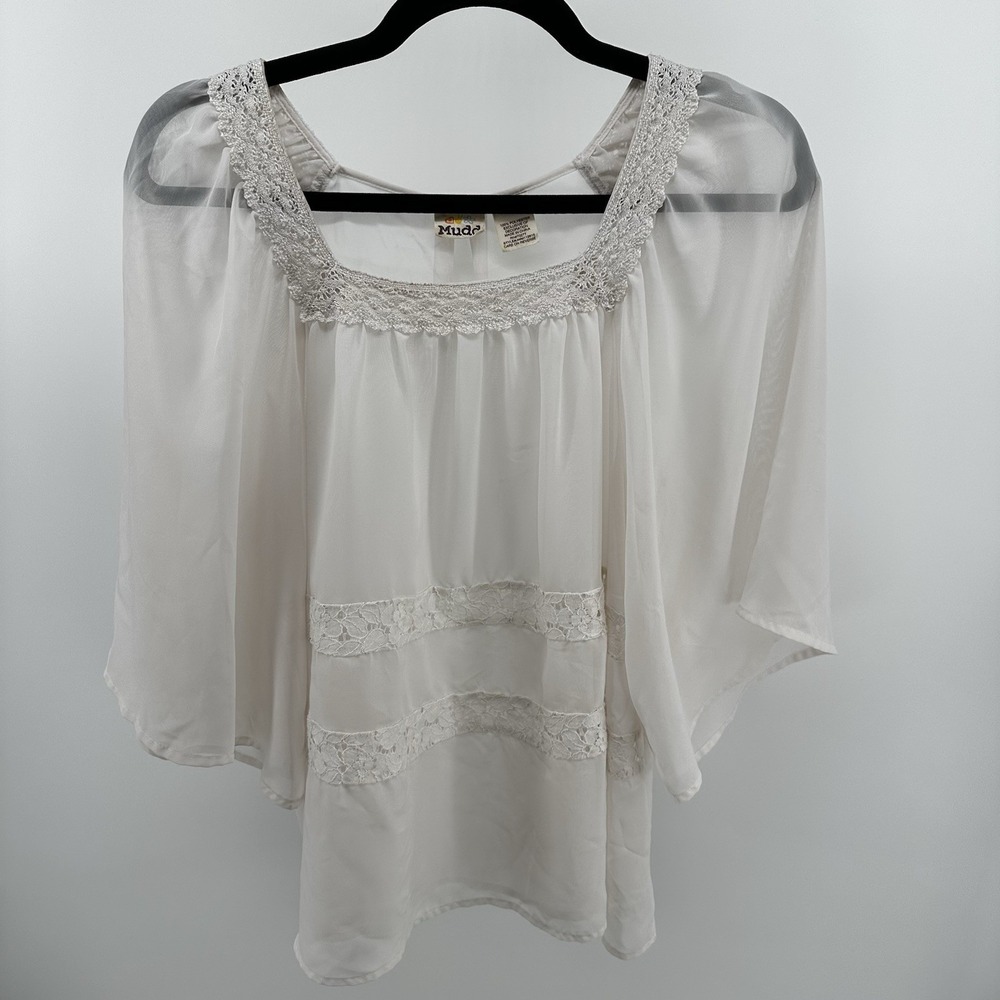 Womens Mudd Y2K Small Ivory Oversized Lace Boho Peasant Blouse Sheer Top Flutter